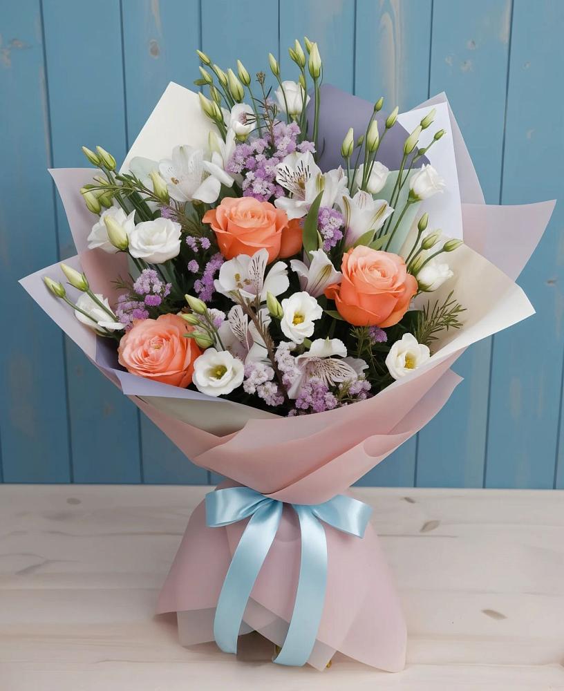 Букет цветов из: Лизиантусы, Розы, Альстромерии и Гипсофила в Янауле