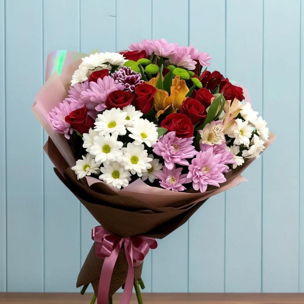 Букет цветов из: Розы, Хризантемы и Альстромерии в Янауле